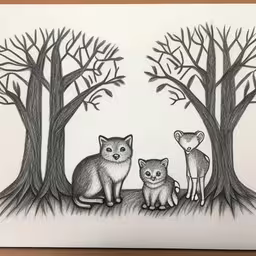 an animal scene is drawn in pencil with white paper