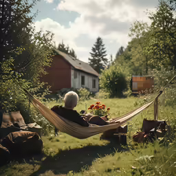 an older woman relaxing in a hammock with flowers