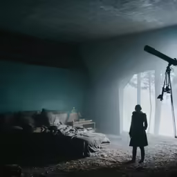 a woman stands alone in an empty room