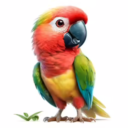 red, yellow, and green parrot with an orange beak and green feet