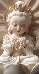 a white porcelain figurine with gold crown sits on a blanket