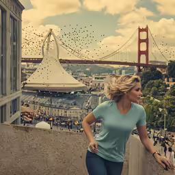 woman looking down at cityscape near golden gate bridge