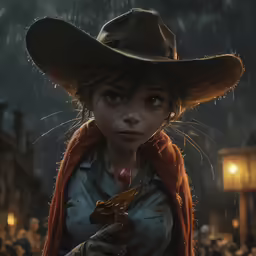 a woman in a hat holding a piece of meat