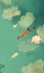an individual is floating through the air, beneath blue cloudy skies