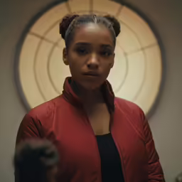 an african american female in a red jacket standing by a wall