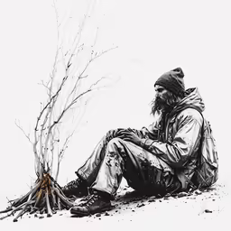 man sitting by tree with pile of twigs and a twig