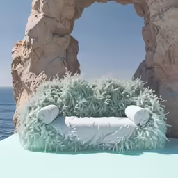 an abstract painting of a couch by the ocean