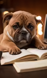 a dog with a book and a computer on the table
