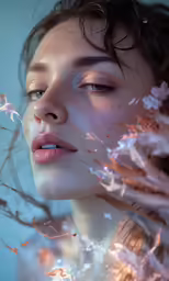 a girl with her face pressed against a wall, holding flower petals in front of her face