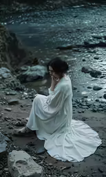a woman in white sitting on the rocks next to water