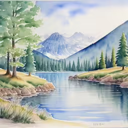 there is a large painting that shows water and mountains