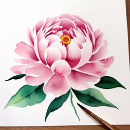 a drawing of a pink peony flower with green leaves,a painting of a flower being worked on