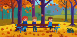 a cartoon shows people sitting on a park bench with their back to the camera,an illustrated painting of two children sitting on a park bench