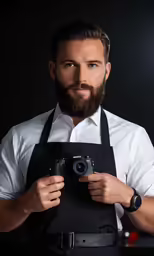 a man holding a camera and an apron