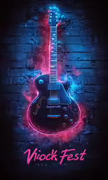 a neon guitar is on the brick wall