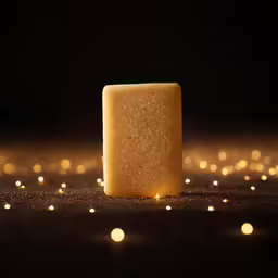 a piece of soap sits in front of light beads