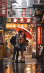 couple embracing and kissing under an umbrella on a rainy day