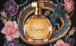 a glass bottle of perfume on a table surrounded by pink roses