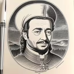 the portrait of a man is on paper,a drawing of a man with a beard and braid,a pencil drawing of a man wearing a long braid,drawing with a pencil by michael stroff featuring the famous john russell,a drawing with pencil, and an ink pen on paper