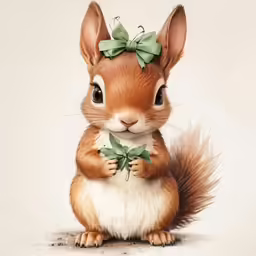 a squirrel with green bows in his hair