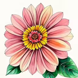 a drawing of a big pink and yellow flower,a pink flower with green leaves on the side,a drawing of a large pink flower with green leaves,a drawing of a large flower with leaves,a flower with green leaves and petals is shown