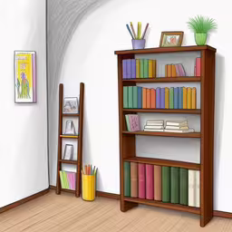 an empty room with a book case, a vase and other office supplies on the shelf,a book case in the middle of a room,a room that has a book shelf on it,there is a book shelf with many books on it,this is an image of a bookshelf in a room