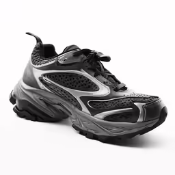 a sneaker is shown in gray and silver