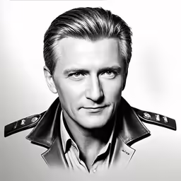 a black and white photo of a man in military uniform