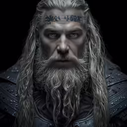 a man with long hair and a beard is shown wearing armor