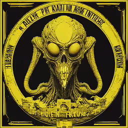 a black and yellow poster with a giant face,an alien with two yellow eyes is on the cover of this cd