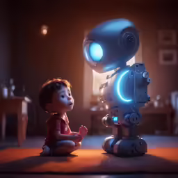 a young boy sitting next to a robot that is holding its hand out