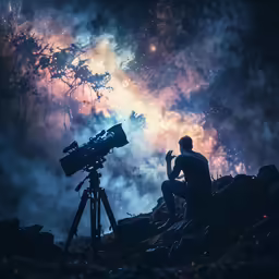 man on a tripod observing something in a cloud of smoke
