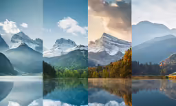 three different images with reflections of trees and mountains