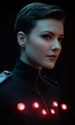 woman with a futuristic cyber outfit with glowing red eyes