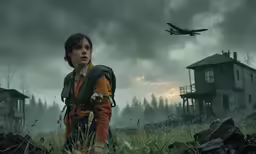 a person standing in front of an old building with a plane flying above them
