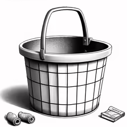 a white basket with a handle next to it
