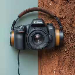 a camera sits next to an object on the wall