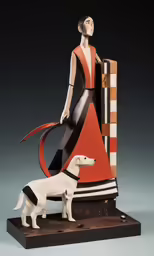 an artwork of a woman and dog, with black and orange colors