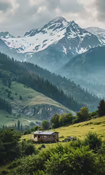 a small cabin nestled in the wilderness by mountains