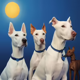 three dogs and a dog are sitting in front of a moon with two brown dogs