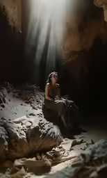 a woman is sitting on some rocks in the dark