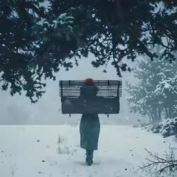 a person walks in the snow with a cage on their back