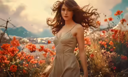 a woman walking through the flowers with her long hair in the wind