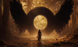 a woman in an alien forest with wings