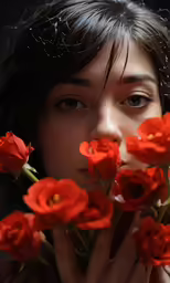 an asian woman is covering her face with red flowers