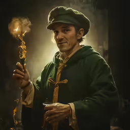 man in green outfit with a lit stick wearing a hat