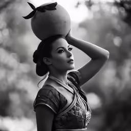 a woman is holding a pot on her head