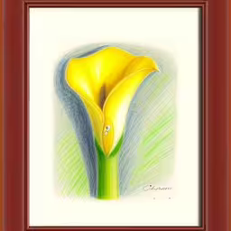 a yellow flower is displayed in the frame,a painting of a yellow flower in a red frame,an illustration of yellow calla lily by unknown woman,an illustration of a yellow flower with green stem,a framed painting of a yellow flower with long, slender petals