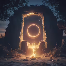 a glowing firework inside of an old, wooden structure