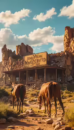 two horses in front of a desert setting with a sign for the famous roping wild west resort
